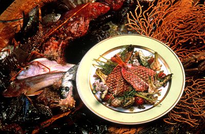 Rougets de roche et légumes du marché grillés à l'anchoïade